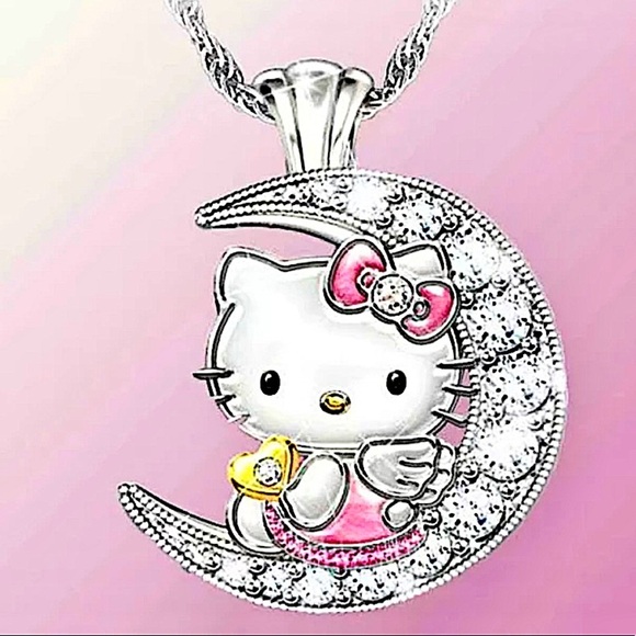 NEW STERLING SILVER HELLO KITTY ZIRCON MOON PENDANT NECKLACE - Picture 4 of 5